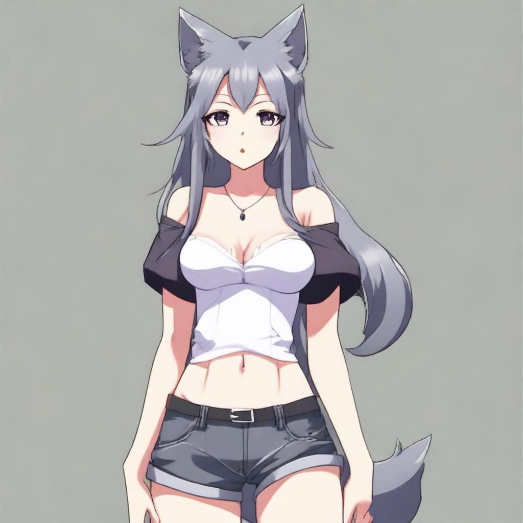 Create an anime-style image of a tall, sexy neko girl with wolf ears and a dark gray fur tail