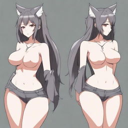 Create an anime-style image of a tall, sexy neko girl with wolf ears and a dark gray fur tail