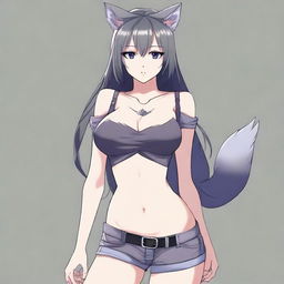 Create an anime-style image of a tall, sexy neko girl with wolf ears and a dark gray fur tail