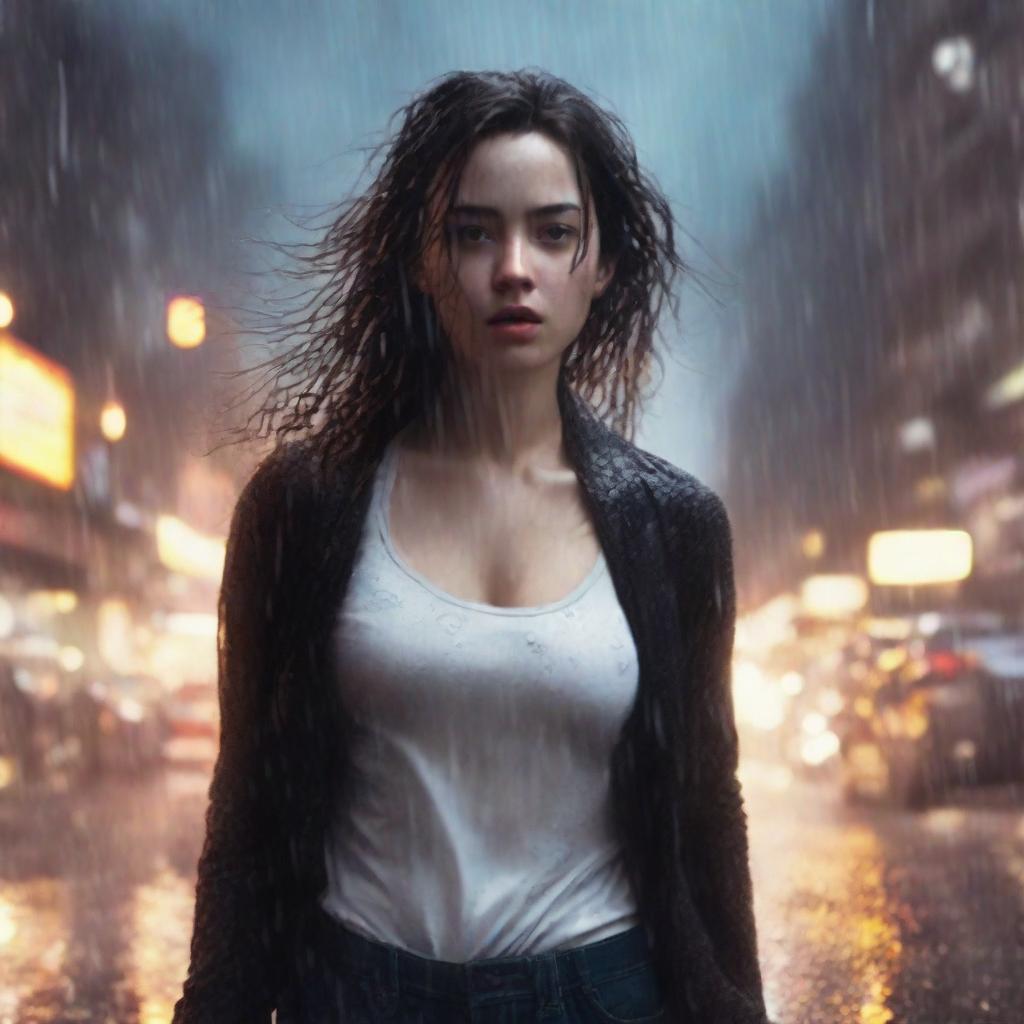 A front-view image of a girl walking in heavy rain, wearing a black cardigan and trying to cover herself