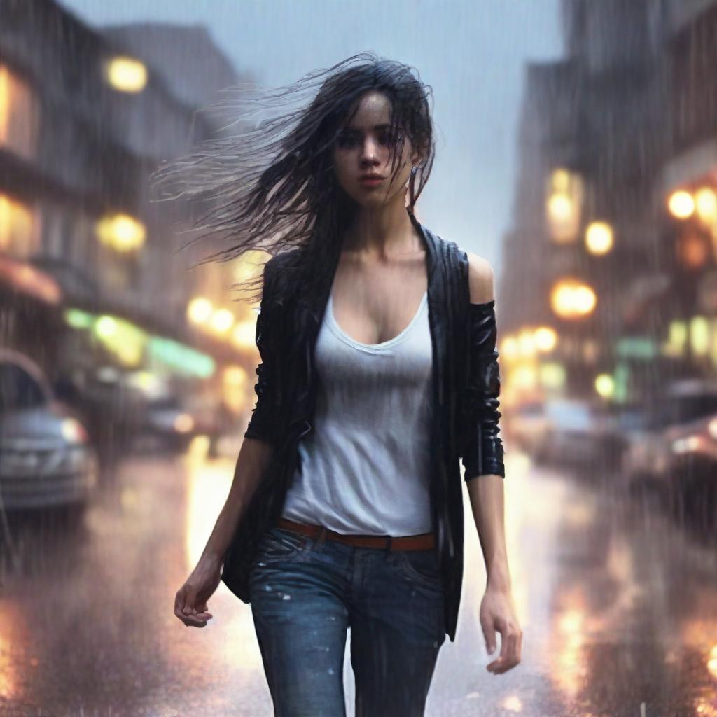 A front-view image of a girl walking in heavy rain, wearing a black cardigan and trying to cover herself