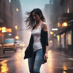 A front-view image of a girl walking in heavy rain, wearing a black cardigan and trying to cover herself