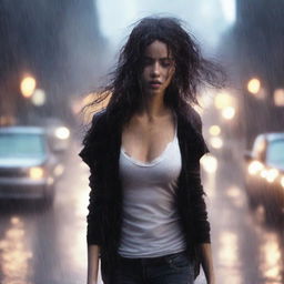 A front-view image of a girl walking in heavy rain, wearing a black cardigan and trying to cover herself