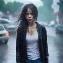 A girl is walking in heavy rain, wearing a black cardigan to cover herself