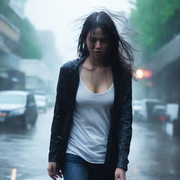 A girl is walking in heavy rain, wearing a black cardigan to cover herself