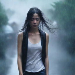 A girl is walking in heavy rain, wearing a black cardigan to cover herself