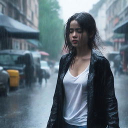 A girl is walking in heavy rain, wearing a black cardigan to cover herself