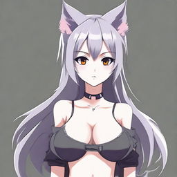 Create an anime-style image of a tall, sexy neko girl with wolf ears and a dark gray fur tail