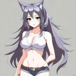 Create an anime-style image of a tall, sexy neko girl with wolf ears and a dark gray fur tail