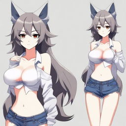 Create an anime-style image of a tall, sexy neko girl with wolf ears and a dark gray fur tail