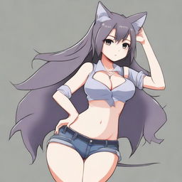 Create an anime-style image of a tall, sexy neko girl with wolf ears and a dark gray fur tail