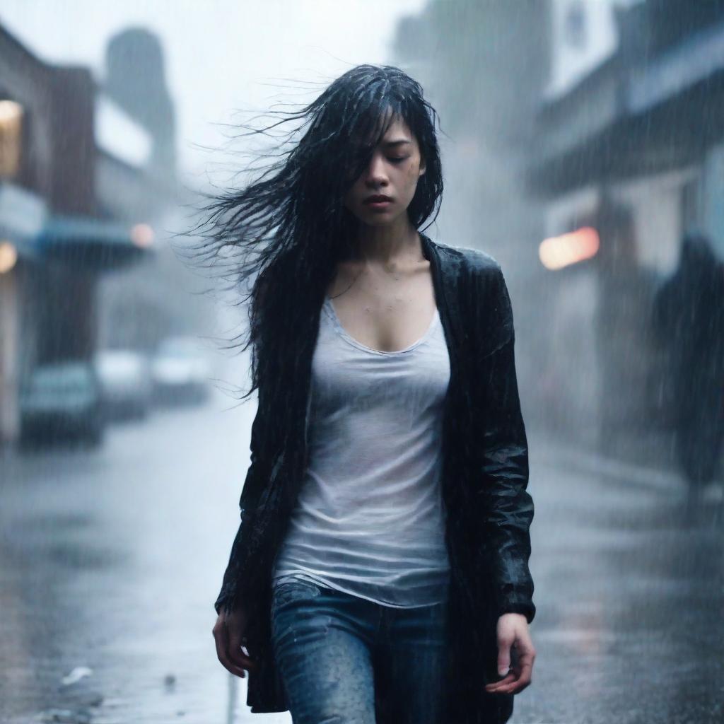 A full-body image of a girl walking in heavy rain, wearing a black cardigan to cover herself