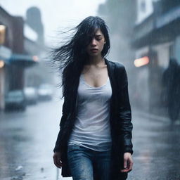 A full-body image of a girl walking in heavy rain, wearing a black cardigan to cover herself