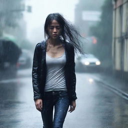 A full-body image of a girl walking in heavy rain, wearing a black cardigan to cover herself