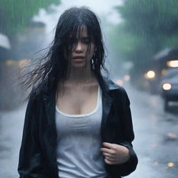 A full-body image of a girl walking in heavy rain, wearing a black cardigan to cover herself