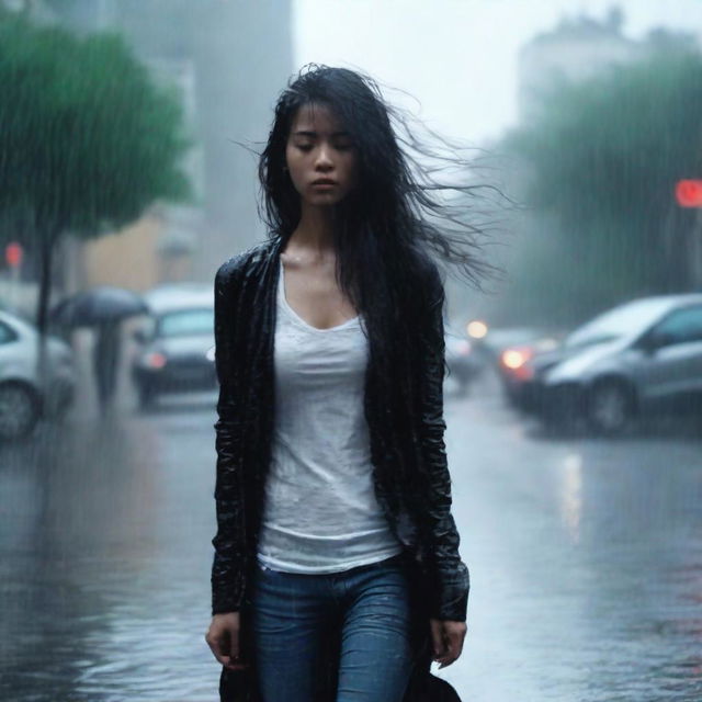 A full-body image of a girl walking in heavy rain, wearing a black cardigan to cover herself