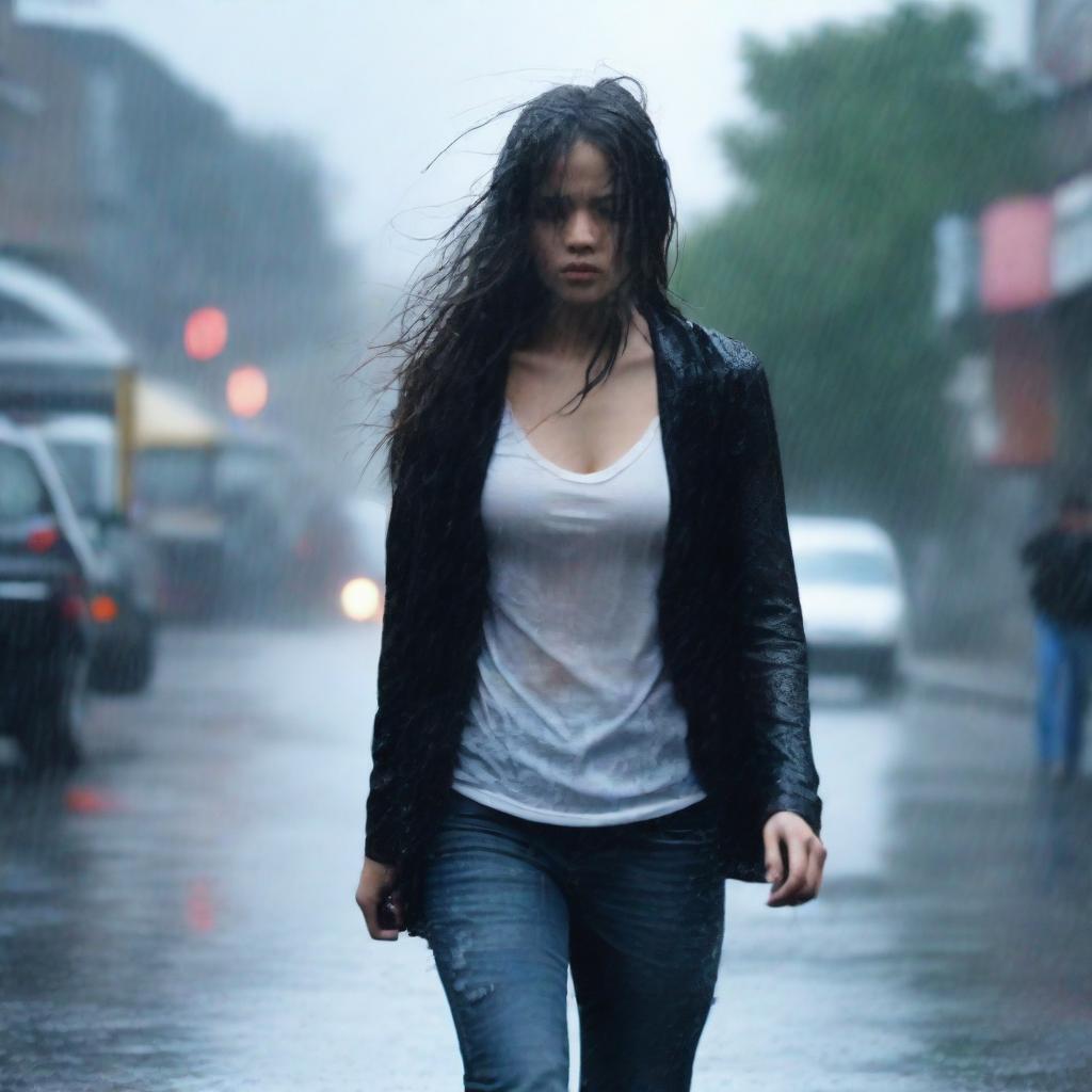 A full-body image of a girl walking in heavy rain, wearing a black cardigan to cover herself