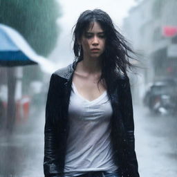 A full-body image of a girl walking in heavy rain, wearing a black cardigan to cover herself