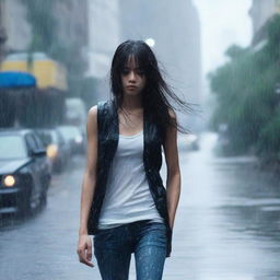 A full-body image of a girl walking in heavy rain, wearing a black cardigan to cover herself