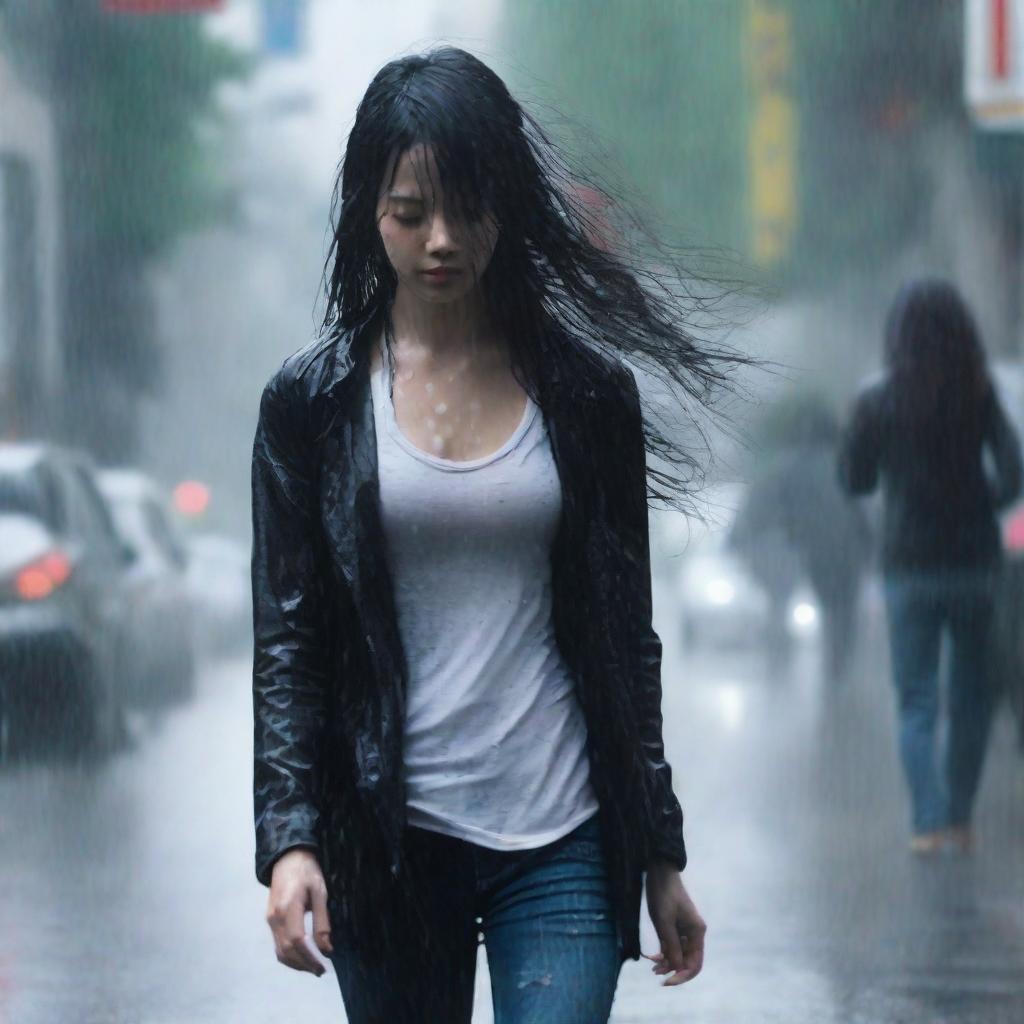 A full-body image of a girl walking in heavy rain, wearing a black cardigan to cover herself