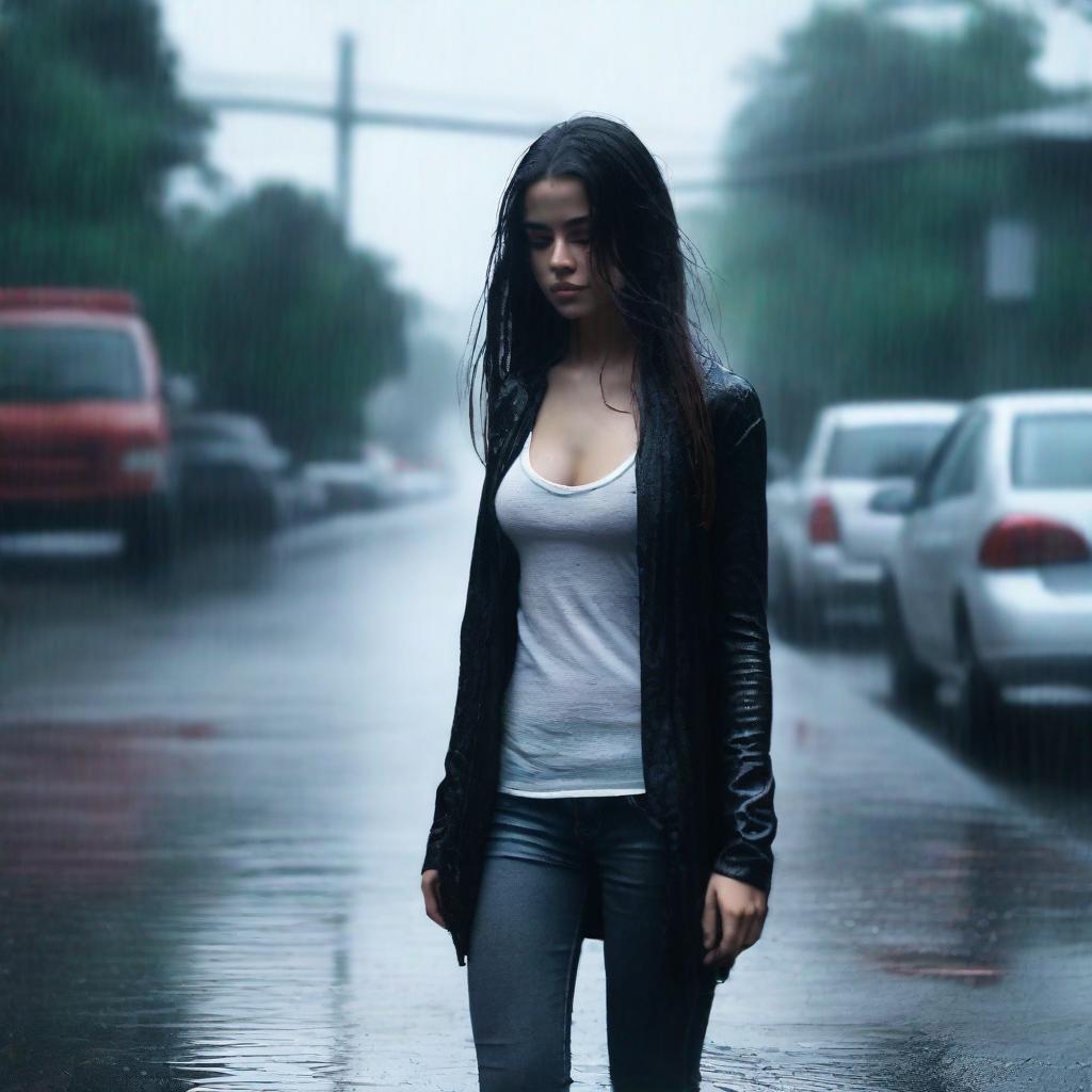 A girl walking in the rain, wearing a black cardigan, white tank top, jeans, and heels