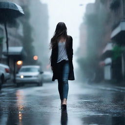 A girl walking in the rain, wearing a black cardigan, white tank top, jeans, and heels