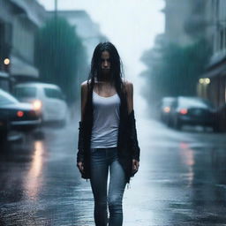 A girl walking in the rain, wearing a black cardigan, white tank top, jeans, and heels