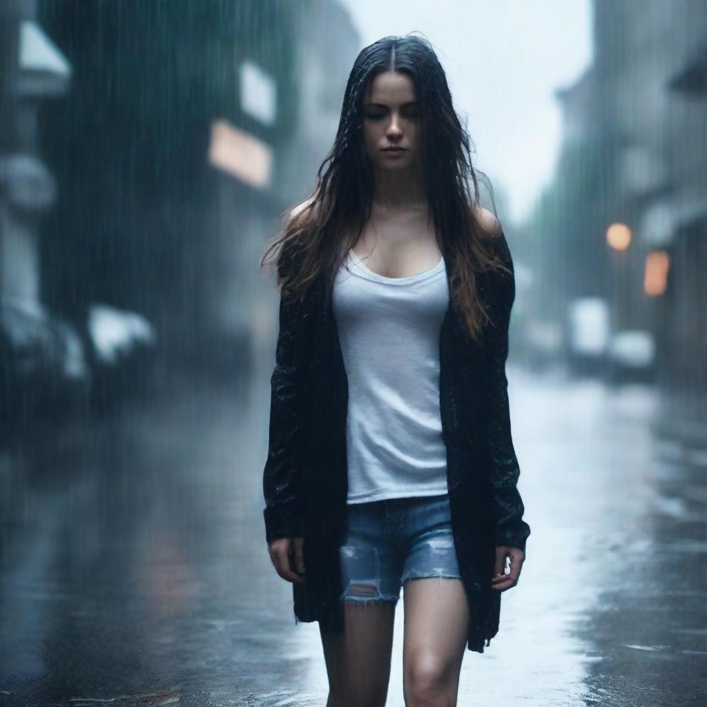 A girl walking in the rain, wearing a black cardigan, white tank top, jeans, and heels