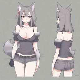 Create an anime-style image of a tall, sexy neko girl with wolf ears and a dark gray fur tail