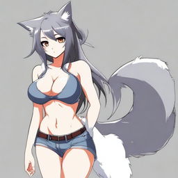 Create an anime-style image of a tall, sexy neko girl with wolf ears and a dark gray fur tail