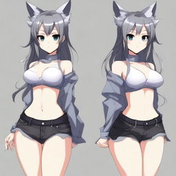 Create an anime-style image of a tall, sexy neko girl with wolf ears and a dark gray fur tail