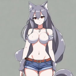 Create an anime-style image of a tall, sexy neko girl with wolf ears and a dark gray fur tail