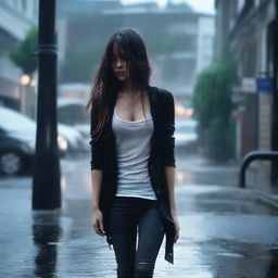 A girl walking in the rain, wearing a black cardigan, white tank top, jeans, and heels