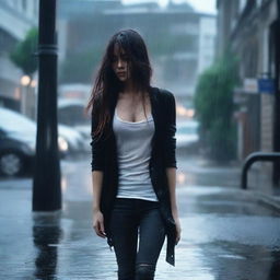 A girl walking in the rain, wearing a black cardigan, white tank top, jeans, and heels