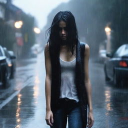 A girl walking in the rain, wearing a black cardigan, white tank top, jeans, and heels