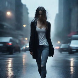 A girl walking in the rain, wearing a black cardigan, white tank top, jeans, and heels