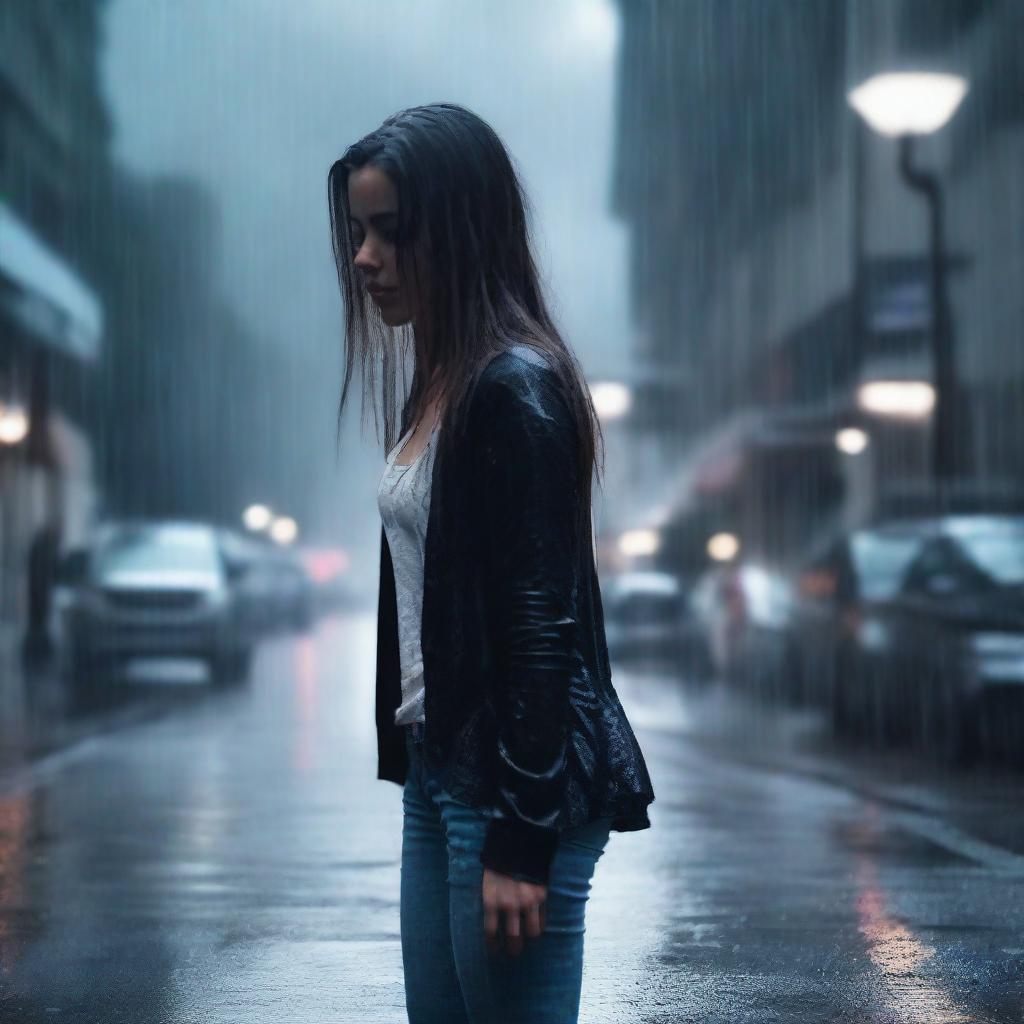 A girl walking in the rain, wearing a black cardigan, white tank top, jeans, and heels