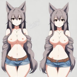 Create an anime-style image of a tall, sexy neko girl with wolf ears and a dark gray fur tail