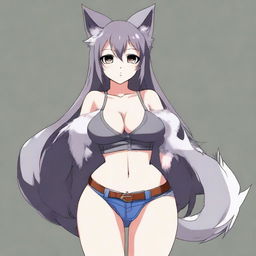 Create an anime-style image of a tall, sexy neko girl with wolf ears and a dark gray fur tail