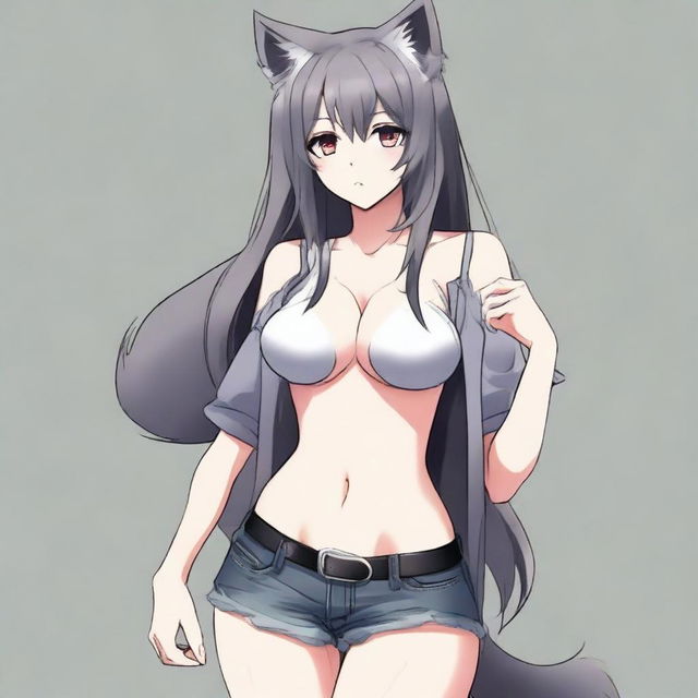 Create an anime-style image of a tall, sexy neko girl with wolf ears and a dark gray fur tail