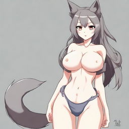 Create an anime-style image of a tall, sexy neko girl with wolf ears and a dark gray fur tail