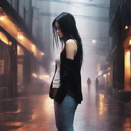 A girl walking in the rain, wearing a black cardigan, white tank top, jeans, and heels