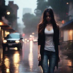 A girl walking in the rain, wearing a black cardigan, white tank top, jeans, and heels