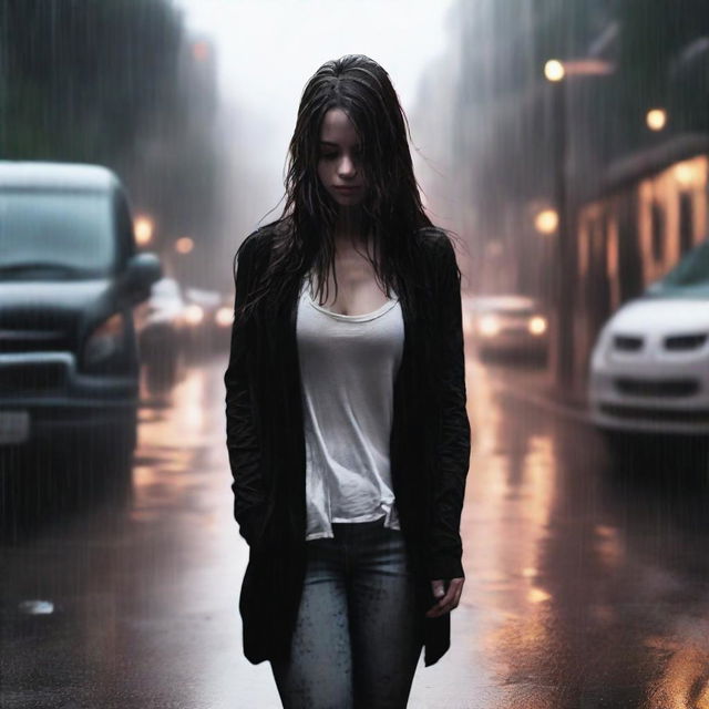 A girl walking in the rain, wearing a black cardigan, white tank top, jeans, and heels