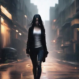 A girl walking in the rain, wearing a black cardigan, white tank top, jeans, and heels