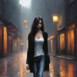 A girl walking in the rain, wearing a black cardigan, white tank top, jeans, and heels