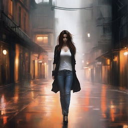 A girl walking in the rain, wearing a black cardigan, white tank top, jeans, and heels