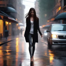 A girl walking in the rain, wearing a black cardigan, white tank top, jeans, and heels