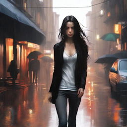 A girl walking in the rain, wearing a black cardigan, white tank top, jeans, and heels