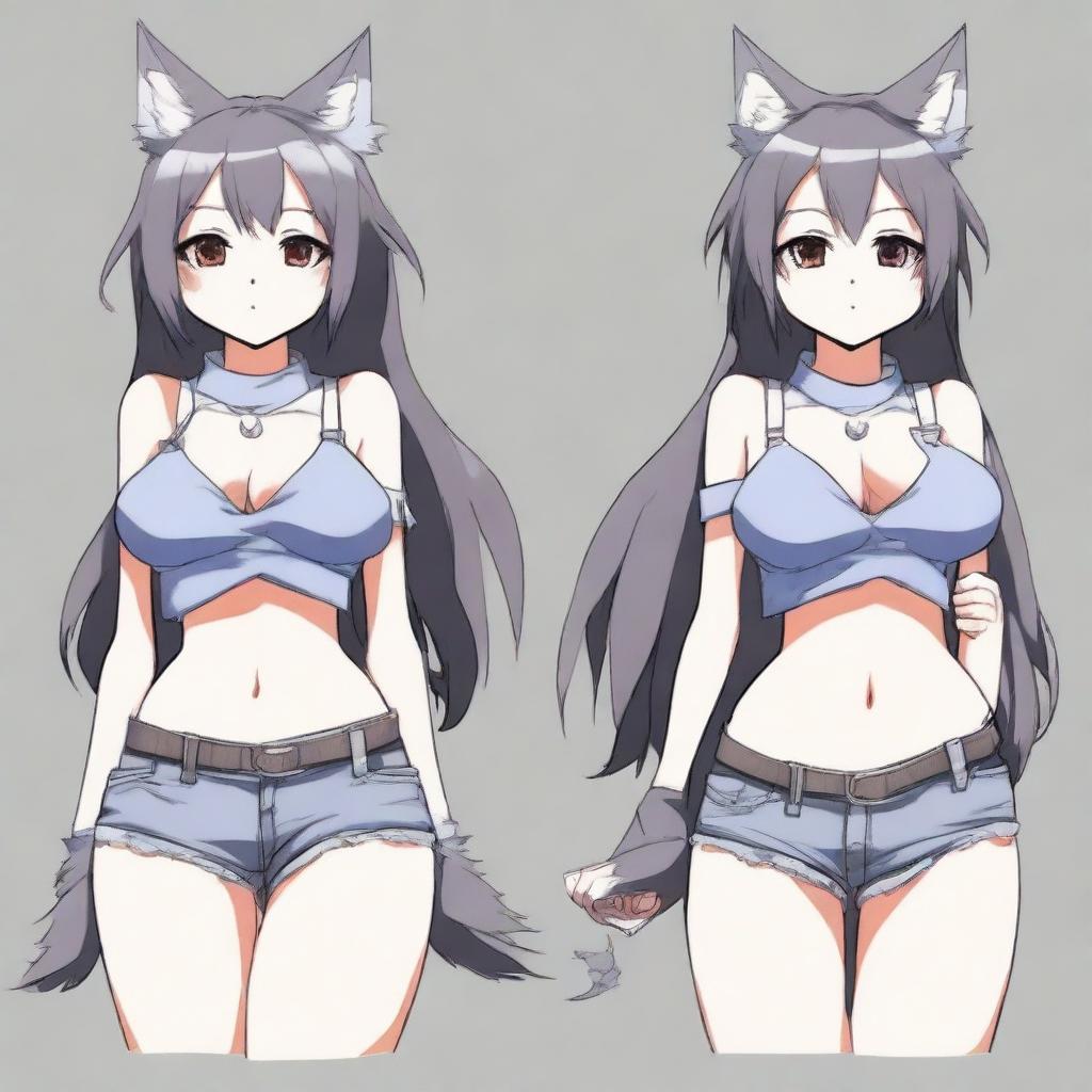 Create an anime-style image of a tall, sexy neko girl with wolf ears, a dark gray fur tail, and wolf legs from the knees down